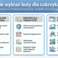 Wybór odpowiednich butów dla cukrzyka: brak szwów, szerokie noski, amortyzacja. Dbaj o stopy, by uniknąć urazów i poprawić krążenie.
