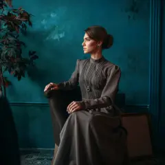 Elegancka kobieta w sukni w stylu light academia siedzi w fotelu, w tle ciemnozielona ściana i roślina.
