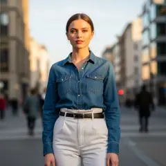 Koszula jeansowa z czym łączyć? Modelka w miejskiej scenerii prezentuje stylizację z jasnymi spodniami i czarnym paskiem.