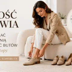 Kobieta dobiera buty, sprawdzając tęgość obuwia H. Poradnik pokazuje, jak dopasować szerokość butów do stopy.
