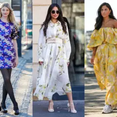 Trzy kobiety w kwiecistych sukienkach. Zastanawiasz się, jakie buty do sukienki w kwiaty? Zobacz inspiracje: platformy, sandałki, a nawet sneakersy!