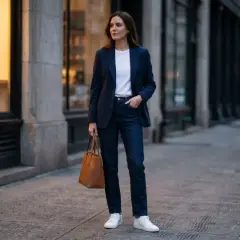 Kobieta w granatowej marynarce i jeansach, z brązową torbą, prezentuje stylowe sneakersy do marynarki.