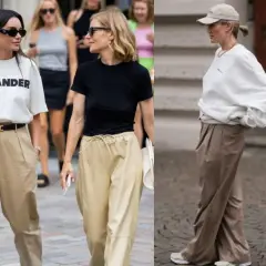 Inspiracje: jaka bluzka do beżowych spodni? Biały T-shirt, czarna koszulka lub luźna bluza świetnie komponują się z szerokimi spodniami w odcieniach beżu i brązu.