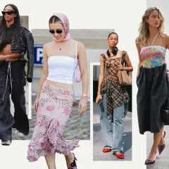 Kobiety w stylizacjach y2k: skórzana kurtka i bojówki, kwiecista spódnica i bandeau, kraciasta sukienka i jeansy, kolorowy top i szeroka spódnica.