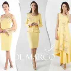 Eleganckie żółte sukienki na wesele. Stylizacje z koronkowymi rękawami, żakietem i asymetryczną suknią.