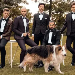 Eleganccy panowie w smokingach i stylowe buty do smokingu. Wśród nich pies rasy collie.