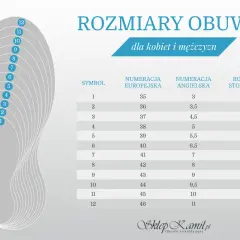 Tabela rozmiarów obuwia: rozmiar 8 to 42 europejski, 8 angielski, 27 cm.