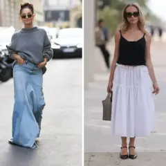 Kobiety prezentują różne stylizacje, pokazując, jakie buty do długiej spódnicy pasują. Jedna w jeansowej maxi, druga w zwiewnej białej.