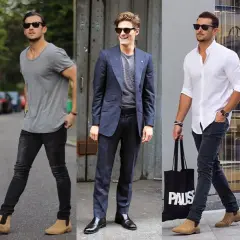 Mężczyźni w stylowych stylizacjach, od casualowych po eleganckie. Wszyscy noszą modne sztyblety, co to za buty?