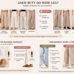 Szerokie spodnie wide leg świetnie wyglądają z butami na koturnie, które wydłużają nogi i zachowują proporcje sylwetki, w przeciwieństwie do masywnych sneakersów czy botków.