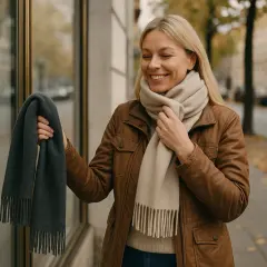 Uśmiechnięta blondynka w brązowej kurtce zastanawia się, jaki kolor czapki pasuje do jej stylizacji, trzymając szary szalik.