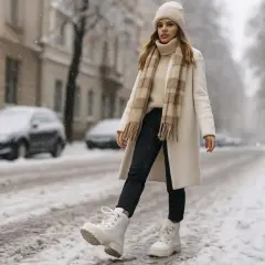 Dziewczyna w białym płaszczu i czapce, w czarnych jeansach i białych butach, idzie po ośnieżonej ulicy. Do czego pasują białe buty damskie? Do zimowej stylizacji!