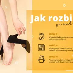 Kobieta zdejmuje czarny, wysoki obcas, pokazując, jak rozbić za małe buty. Porady obejmują wymianę wkładek, użycie suszarki i pary wodnej.
