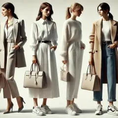 Sześć kobiet prezentuje eleganckie, **casual style** stroje w odcieniach beżu i bieli.