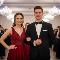 Elegancka para na studniówce. Ona w czerwonej sukni, on w czarnym smokingu. Inspiracja, jak ubrać się na studniówkę.