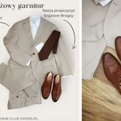 Beżowy garnitur z brązową koszulą i krawatem, do tego brązowe mokasyny do garnituru, monki, loafersy i brogsy.
