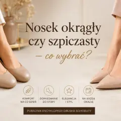 Dwie pary eleganckich butów: po lewej płaskie baleriny z okrągłym noskiem, po prawej szpilki ze szpiczastym czubkiem buta.