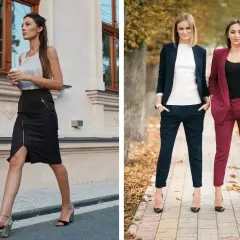 Elegancki strój na kolację do restauracji: czarna spódnica z zamkiem i szpilki lub granatowy i bordowy garnitur.