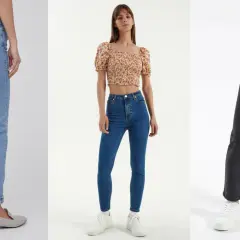 Idealne spodnie dla klepsydry: jasne jeansy z wysokim stanem, dopasowane niebieskie rurki i ciemne jeansy podkreślające figurę.
