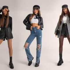 Trzy stylizacje na koncert pop: skórzane szorty z frędzlami, jeansy z dziurami i marynarka w kratę.