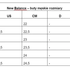Tabela rozmiarów męskich New Balance. Rozmiar buta 42 odpowiada 27 cm.