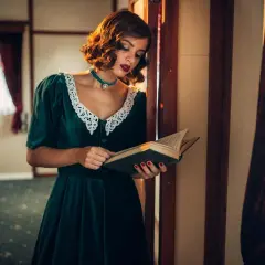 Elegancka kobieta w sukni z lat 40. czyta książkę. Jej stylizacja, z koronkowym kołnierzykiem i biżuterią, idealnie oddaje modę tamtych lat.