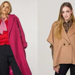 Dwie kobiety prezentują różne rodzaje płaszczy: długi, fuksjowy płaszcz z szalem i krótki, beżowy płaszcz z rękawami typu kimono.