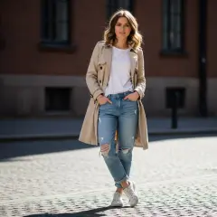 Kobieta w beżowym prochowcu, białej koszulce i podartych jeansach typu boyfriend. Stylowe i wygodne czym nosić boyfriendy stylizacje.