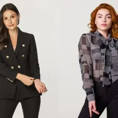 Eleganckie stylizacje na pogrzeb: czarny garnitur z marynarką i spodniami lub bluzka z kokardą i spodnie w paski.