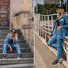 Stylowa kobieta w jeansach boyfriend i kurtce denim, z naszywkami i przetarciami, na tle schodów i torów kolejowych.
