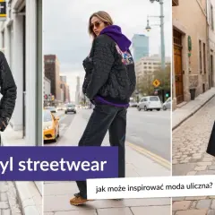 Trzy kobiety w stylizacjach streetwear na tle miejskich ulic.