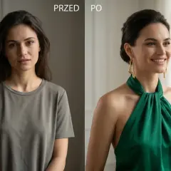 Kobieta w zielonej sukience z dekoltem typu halter, zjawiskowo prezentuje się na tle okna.