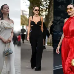 Eleganckie stylizacje: biały, czarny i czerwony kombinezon. Jakie dodatki do czarnego kombinezonu na wesele? Złota torebka, okulary, biżuteria.