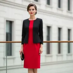 Elegancka kobieta w czerwonej sukience i czarnej marynarce. Idealne połączenie co na górę do rozkloszowanej sukienki, tworzące szykowny zestaw.