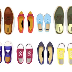 Różnorodne buty: eleganckie brązowe, kolorowe baleriny, niebieskie trampki, zielone półbuty, bordowe trampki, granatowe czółenka i żółte trampki. Różne rozmiary butów angielskich.