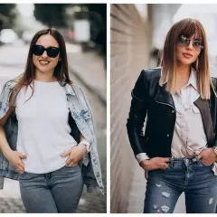 Dwie kobiety prezentują stylowy outfit na koncert: jedna w jeansowej kurtce i białej koszulce, druga w skórzanej ramonesce i satynowej bluzce.