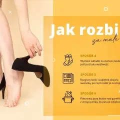 Nogi w czarnych szpilkach, jedna ręka poprawia but. Porady, jak rozbić buty, gdy nowe buty obcierają.