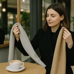 Kobieta w czarnym płaszczu zastanawia się, jaki szal do czarnego płaszcza będzie najlepszy. Wybiera między jasnoszarym a beżowym.