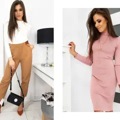 Kobieta o figurze klepsydry w eleganckich stylizacjach: po lewej w białym golfie i brązowych spodniach, po prawej w różowej sukience.