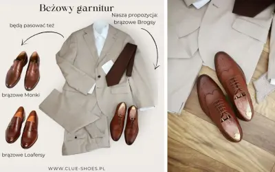 Beżowy garnitur z brązową koszulą i krawatem, do tego brązowe mokasyny do garnituru, monki, loafersy i brogsy.
