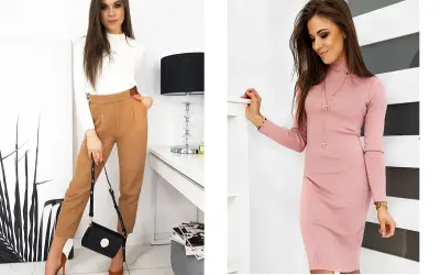 Kobieta o figurze klepsydry w eleganckich stylizacjach: po lewej w białym golfie i brązowych spodniach, po prawej w różowej sukience.