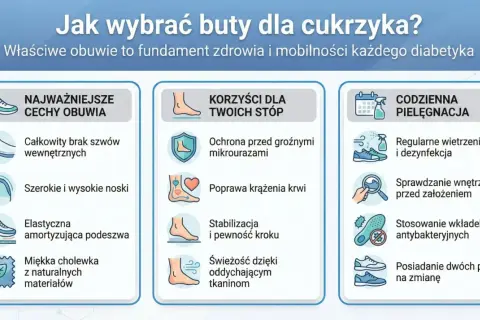Wybór odpowiednich butów dla cukrzyka: brak szwów, szerokie noski, amortyzacja. Dbaj o stopy, by uniknąć urazów i poprawić krążenie.
