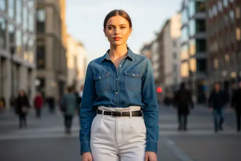 Koszula jeansowa z czym łączyć? Modelka w miejskiej scenerii prezentuje stylizację z jasnymi spodniami i czarnym paskiem.