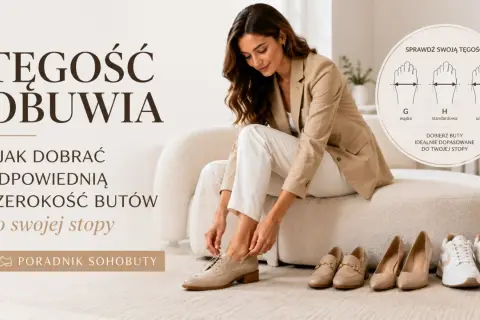 Kobieta dobiera buty, sprawdzając tęgość obuwia H. Poradnik pokazuje, jak dopasować szerokość butów do stopy.