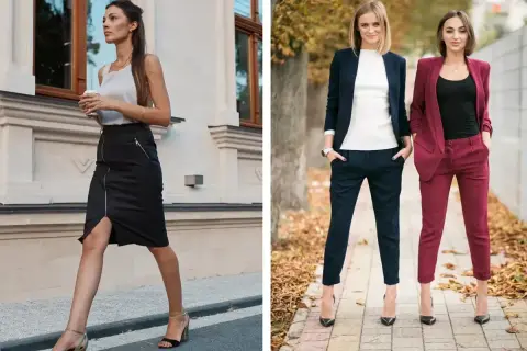 Eleganckie stylizacje na imprezę firmową: czarna spódnica z zamkiem i szpilki lub garnitur w granacie lub bordo.