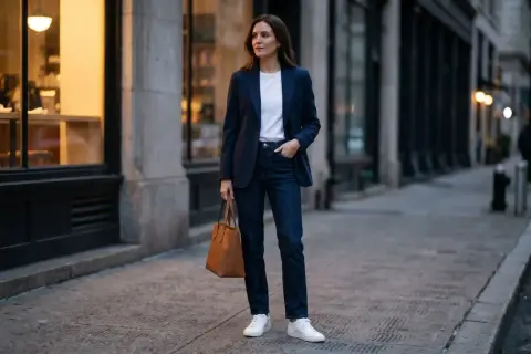 Kobieta w granatowej marynarce i jeansach, z brązową torbą, prezentuje stylowe sneakersy do marynarki.
