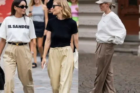 Inspiracje: jaka bluzka do beżowych spodni? Biały T-shirt, czarna koszulka lub luźna bluza świetnie komponują się z szerokimi spodniami w odcieniach beżu i brązu.