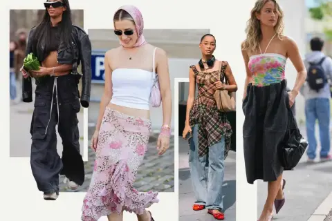 Kobiety w stylizacjach y2k: skórzana kurtka i bojówki, kwiecista spódnica i bandeau, kraciasta sukienka i jeansy, kolorowy top i szeroka spódnica.