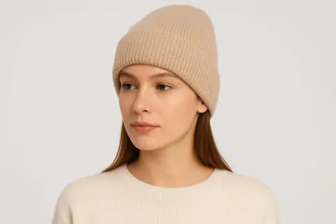 Modelka w beżowej czapce beanie, prezentująca różne rodzaje czapek.