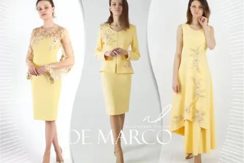 Eleganckie żółte sukienki na wesele. Stylizacje z koronkowymi rękawami, żakietem i asymetryczną suknią.